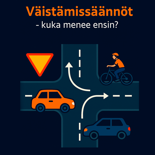 Mopokortin teoriakoe – väistämissäännöt risteyksessä. Kuvassa autot ja pyöräilijä sekä väistämismerkki.
