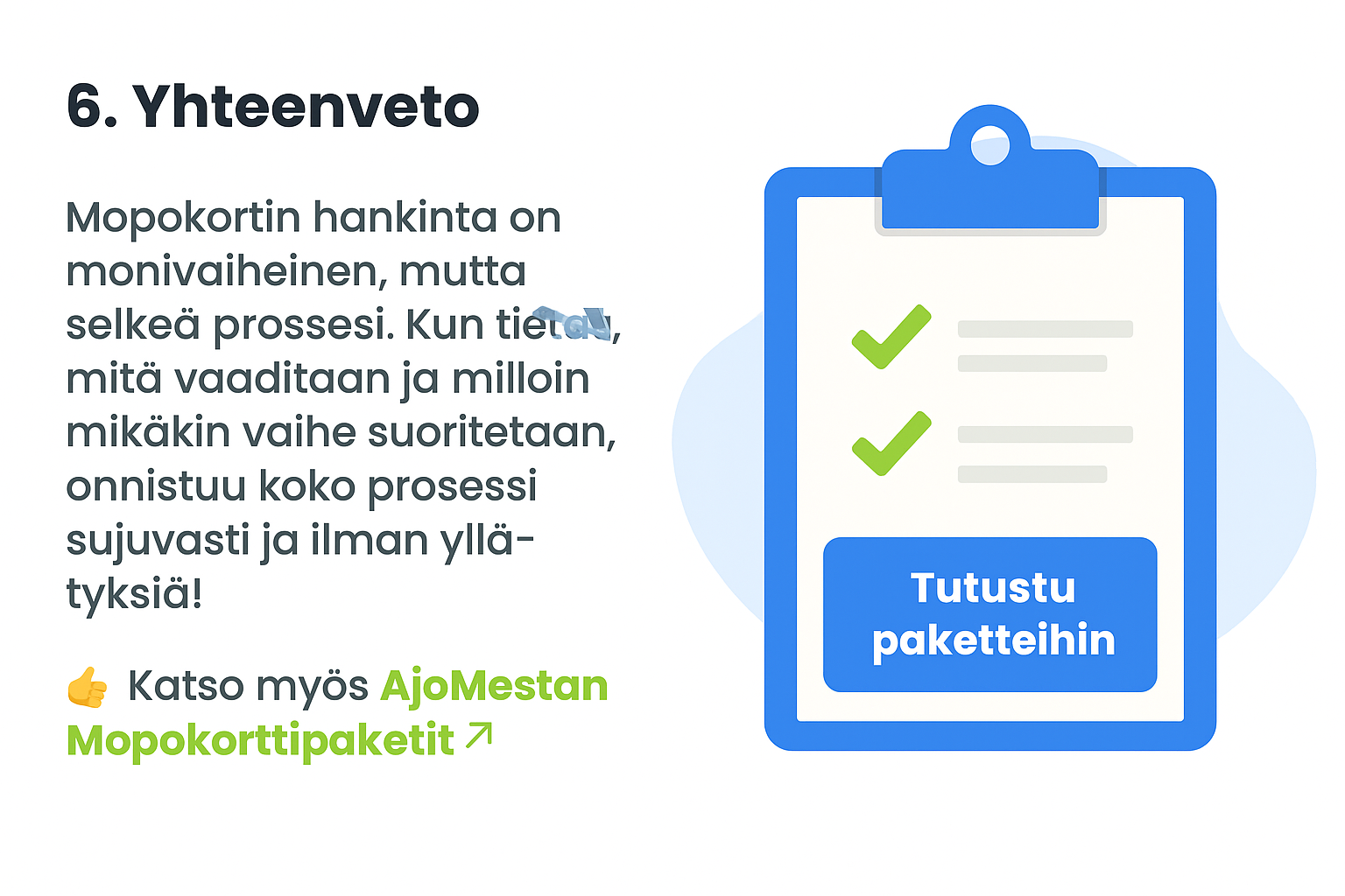 Sinivalkoinen infograafi, jossa on tarkistuslista ja teksti "Tutustu paketteihin". Kuvassa korostetaan mopokortin hankinnan vaiheiden selkeyttä ja linkkiä AjoMestan mopokorttipaketteihin.