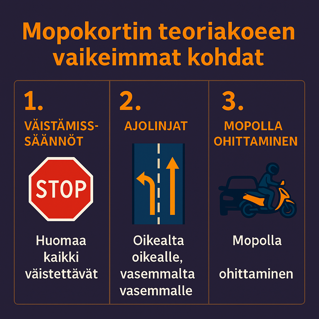 Mopokortin teoriakoe – väistämissäännöt, ajolinjat ja mopolla ohittaminen infokuvassa.