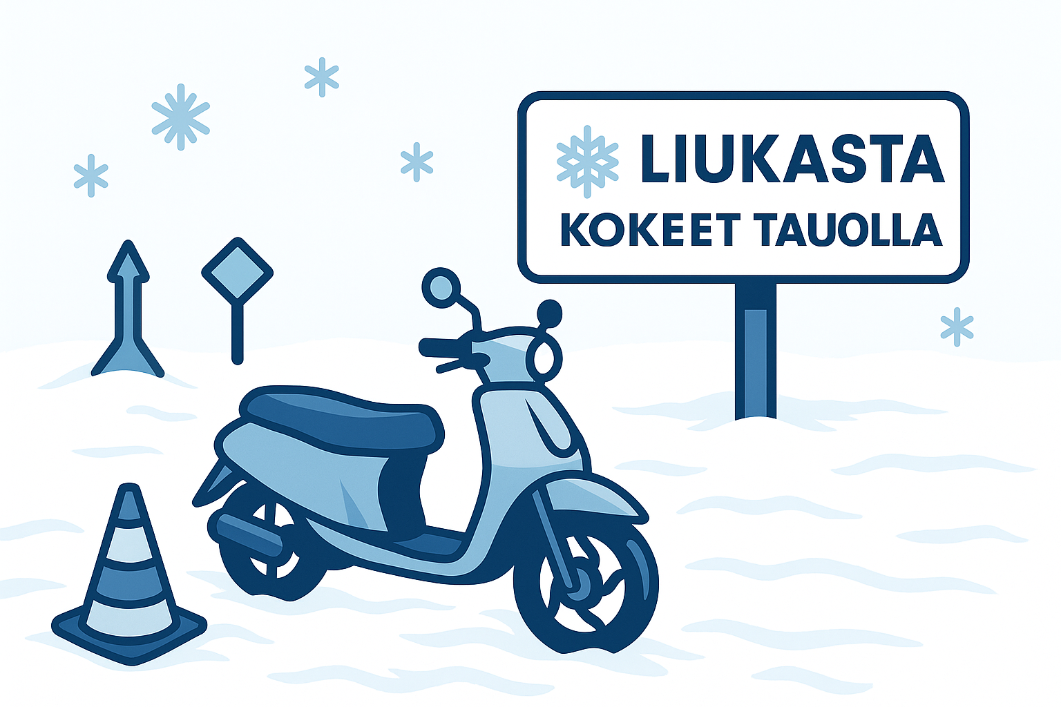 Piirroskuva moposta lumisella käsittelykentällä. Taustalla kyltti, jossa lukee “Liukasta – kokeet tauolla”. Kuva havainnollistaa, miksi mopokortin käsittelykokeita ei voida järjestää talvella.