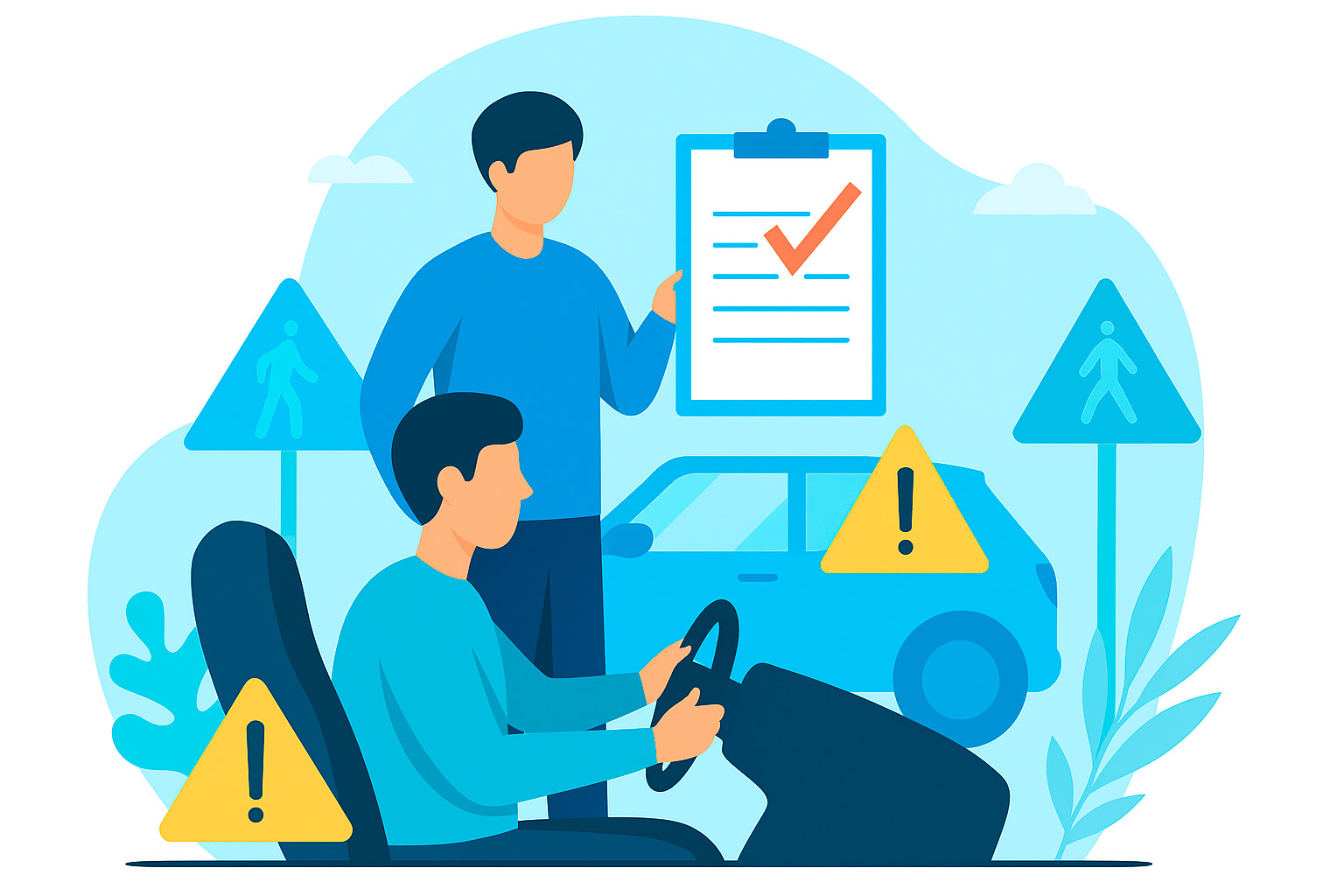 Kuvituskuva riskientunnistamiskoulutuksesta, jossa harjoitellaan havainnointia, ennakointia ja päätöksentekoa liikenteessä.