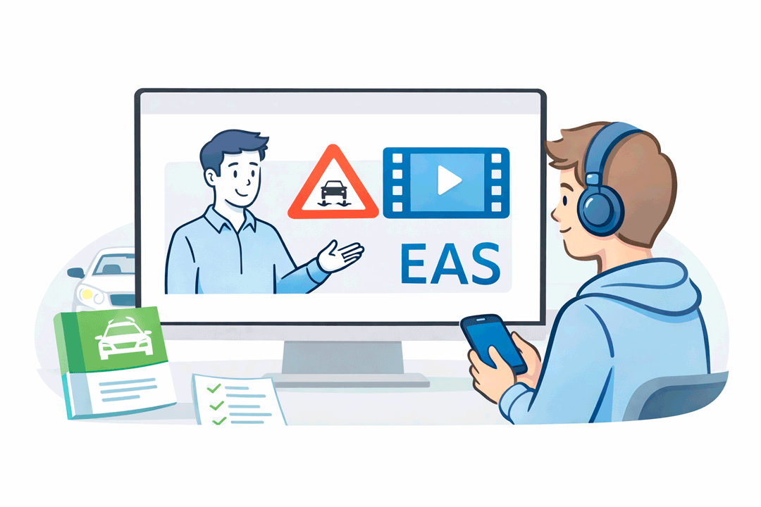 Havainnekuva oppilaasta suorittamassa EAS-koulutusta ja teoriaopiskelua verkossa.