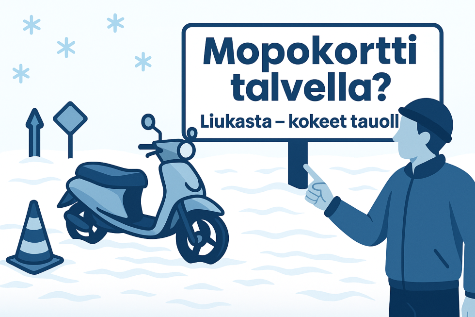Graafinen kuva moposta lumisella kentällä. Taustalla kyltti, jossa lukee “Mopokortti talvella – voiko sen suorittaa?”. Kuva kuvaa talvista tilannetta, jossa mopokokeet ovat tauolla liukkauden vuoksi.