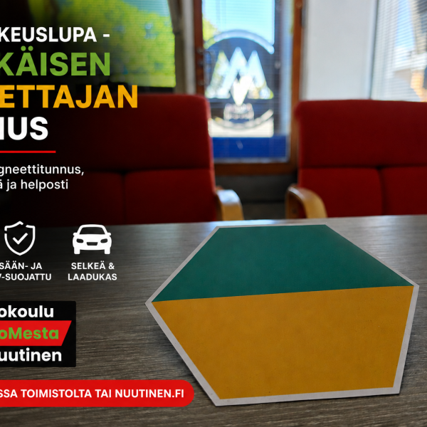 Alaikäisen kuljettajan tunnus – keltavihreä kuusikulmainen magneetti ikäpoikkeusluvalla ajavalle