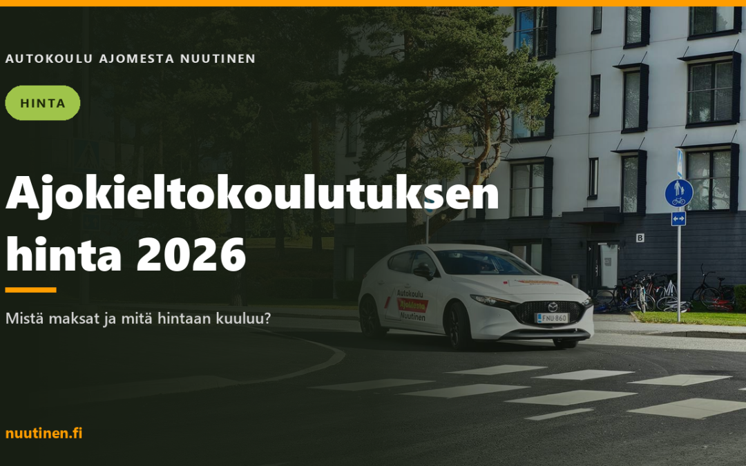 Autokoulu AjoMestan opetusauto suojatiellä — Ajokieltokoulutuksen hinta 2026