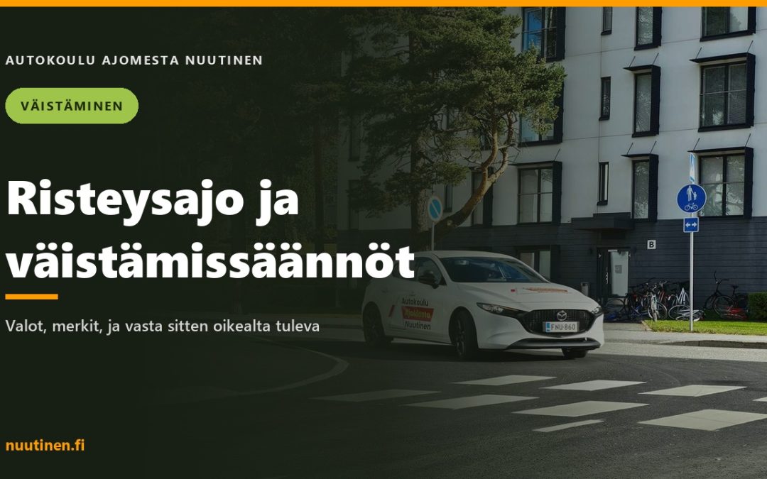 Autokoulun auto suojatien kohdalla kaupungissa — risteysajo ja väistämissäännöt